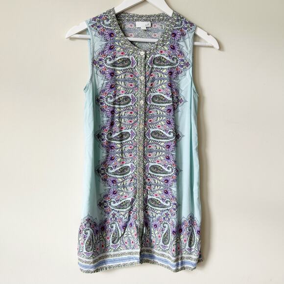 J. Jill Tunic Size XS Button Front Mini Dress Blue Paisley Longline Shirt Tank - Picture 2 of 8